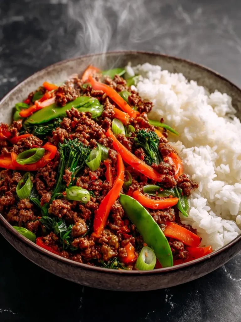 Spicy Ground Beef Stir-Fry Bowl with Garlic Veggies & Steamy Rice First Image